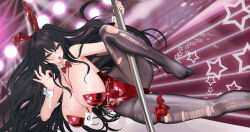 1girl absurdres animal_ear_hairband animal_ears azur_lane black_pantyhose bow bowtie breasts changgong8745 detached_collar fake_animal_ears foot_out_of_frame hairband highres huge_breasts leotard long_hair looking_at_viewer official_alternate_costume pantyhose playboy_bunny pole pole_dancing rabbit_ear_hairband rabbit_ears red_bow red_bowtie red_eyes red_leotard strapless strapless_leotard stripper_pole taihou_(azur_lane) taihou_(fun_on_the_baize)_(azur_lane) torn_clothes torn_pantyhose very_long_hair white_wrist_cuffs wrist_cuffs