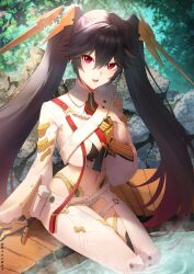 1girl absurdres artist_name black_hair breasts chinese_commentary clothing_cutout commentary_request cover_image cropped_jacket double-parted_bangs floating_headgear hair_between_eyes hair_ornament hand_on_own_chest headgear highres jacket large_breasts leggings long_hair long_sleeves looking_at_viewer lucia:_pyroath_(pgr) lucia_(pgr) mechanical_arms mechanical_hands midriff multicolored_hair navel official_alternate_costume onsen open_mouth outdoors punishing:_gray_raven red_eyes rock shadow sidelocks sitting skaven_gongcheng_shushi soaking_feet solo streaked_hair teeth thigh_cutout twintails upper_teeth_only very_long_hair water white_jacket white_leggings