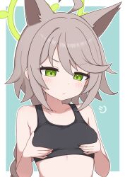 1girl absurdres ahoge animal_ears black_sports_bra blue_archive blue_background blush braid breasts brown_hair fox_ears fox_girl grabbing_own_breast green_eyes green_halo halo highres long_braid otogi_(blue_archive) sports_bra two-tone_background upper_body zddma20