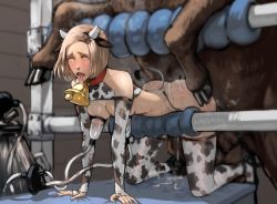 1girl @_@ ahegao all_fours animal_ears animal_print bell bestiality blonde_hair breasts collar cow cow_ears cow_horns cow_print cow_tail cowbell cum cum_in_pussy elbow_gloves fingerless_gloves gloves horns human_livestock inverto lactation medium_breasts milking milking_machine neck_bell saliva sex short_hair tail thighhighs tongue tongue_out women_livestock yellow_eyes