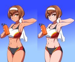 1girl bottle breasts brown_eyes brown_hair cowboy_shot dark_skin gradient_background hairband kashiwagi_azusa kizuato looking_at_viewer midriff multiple_views navel puge short_hair short_shorts shorts sports_bikini sports_bra sweat tan toned toned_female variations water_bottle
