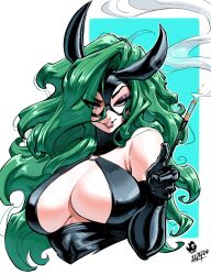 1girl black_gloves black_horns breasts cigarette cigarette_holder cleavage dated elbow_gloves eyes_visible_through_hair gloves green_hair highres horns initial jgeorgedrawz large_breasts long_hair looking_at_viewer original solo upper_body