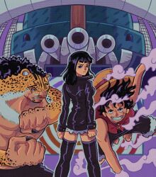 1girl 2boys alternate_form black_boots black_dress black_hair blood blood_on_face blunt_bangs boat boots clenched_teeth comic_cover_redraw commentary cozmokit dress english_commentary highres leather_dress leopard_boy looking_back medium_hair monkey_d._luffy multiple_boys nico_robin one_piece ratline red_shirt rob_lucci shirt shroud_(sailing) sleeveless sleeveless_shirt smoke teeth thigh_boots watercraft