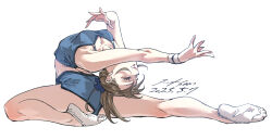 1girl blue_scrunchie blue_shorts blue_tank_top breasts brown_hair closed_eyes dated flexible full_body hair_ornament hair_scrunchie highres nabipenciller original scrunchie short_shorts shorts signature simple_background socks soles solo tank_top white_background white_socks wristband