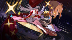 Rule 34 | 2girls, absurdres, astra yao, bad link, black hair, blonde hair, blunt bangs, breasts, dress, earrings, evelyn chevalier, hairband, head tilt, highres, jacket, jewelry, long hair, looking at viewer, multiple girls, official art, official wallpaper, red eyes, sidelocks, sitting, smile, thighs, very long hair, white dress, white hairband, zenless zone zero