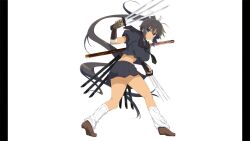 1girl absurdres ass_peek black_hair black_shirt black_skirt breasts brown_shoes dark-skinned_female dark_skin green_eyes highres holding holding_sword holding_weapon homura_(senran_kagura) large_breasts long_hair midriff multiple_swords non-web_source official_art ouroboros pillarboxed ponytail senran_kagura senran_kagura_burst shirt shoes skirt smile socks solo sword tan weapon white_background white_socks yaegashi_nan
