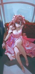 1girl absurdres ahoge bare_shoulders bird blue_eyes breasts brown_hair cleavage closed_mouth commentary_request couch dress from_above hair_ribbon high_heels highres ichinose_shiki idolmaster idolmaster_cinderella_girls large_breasts long_hair looking_at_viewer pink_dress pink_ribbon qingli_ye ribbon sitting smile solo wavy_hair window