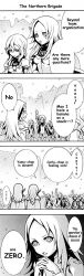 4koma 6+girls chibi clare_(claymore) claymore_(series) comic cynthia_(claymore) english_text flora_(claymore) greyscale hard-translated helen highres long_image miria monochrome multiple_girls parody tabitha_(claymore) tall_image third-party_edit translated