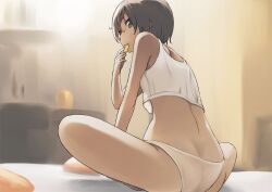 1girl ass butt_crack eating looking_at_viewer looking_back short_hair tagme tea_(nakenashi)
