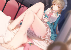 Rule 34 | 1girl, bare legs, barefoot, bed, blonde hair, blurry, blurry foreground, blush, bow, braid, brick wall, rabbit, close-up, clothes lift, dutch angle, eine (virtuareal), feet, full body, headdress, highres, legs, lifting own clothes, lolita fashion, long hair, looking at viewer, nijisanji, orange eyes, pillow, ribbon, sitting, skirt, skirt lift, smile, soles, stuffed toy, toes, virtual youtuber, virtuareal, xiao ren