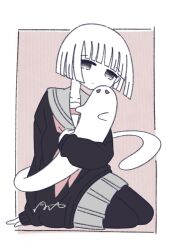 Rule 34 | 1girl, a.i.m.s. shotriser, black pantyhose, black sweater, border, full body, ghost, grey sailor collar, grey skirt, highres, hug, looking at viewer, neckerchief, omochi noa, original, pantyhose, pink neckerchief, sailor collar, school uniform, serafuku, signature, sitting, skirt, sweater, white border, white hair