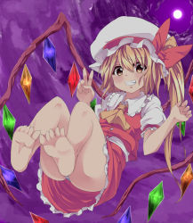 1girl ascot ass bad_feet bare_legs barefoot blonde_hair cloud cloudy_sky feet female_focus flandre_scarlet flying grin hat hat_ribbon looking_at_viewer mob_cap moon noa_(nagareboshi) panties pantyshot puffy_sleeves ribbon shirt short_sleeves side_ponytail skirt skirt_set sky smile soles solo striped_clothes striped_panties toes touhou underwear upskirt v vest wings