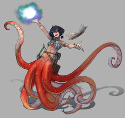 1girl :d absurdres armlet bag belt black_hair black_nails book bottomless breasts c: colored_skin commentary concept_art dagger english_commentary fanny_pack grey_background harp highres instrument jewelry knife knife_sheath looking_up magic medium_breasts medium_hair monster_girl multicolored_skin open_mouth original pointy_ears satchel scylla shadow sheath simple_background smile solo stella_wikol stuffed_animal stuffed_toy teeth tentacles upper_teeth_only weapon yellow_eyes