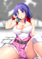 1girl absurdres belt bloody_roar breasts cleavage collarbone commission highres large_breasts long_hair one_eye_closed open_mouth pandacross pixiv_commission purple_hair solo torn_clothes tsukagami_alice twintails