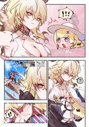 ! 1boy 2girls black_choker black_gloves black_pants blonde_hair blue_eyes blush brant_(wuthering_waves) breasts choker cleavage closed_mouth collarbone commentary_request gloves hair_ornament hat highres large_breasts long_hair lt26 mole mole_on_breast mole_under_eye multiple_girls open_mouth pants phoebe_(wuthering_waves) shirt skirt sparkle sparkling_aura spoken_exclamation_mark sweatdrop tacet_mark_(wuthering_waves) torn_clothes torn_shirt translation_request white_hat white_shirt white_skirt wuthering_waves x_hair_ornament zani_(wuthering_waves)