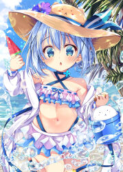 1girl angora_rabbit animal bare_shoulders bikini bikini_under_clothes blue_bikini blue_eyes blue_hair blue_sky blush brown_hat bucket chestnut_mouth cloud collarbone commentary_request criss-cross_halter day double_bun food frilled_bikini frills gochuumon_wa_usagi_desu_ka? hair_between_eyes hair_bun hair_ornament halterneck hat highres holding holding_bucket holding_food horizon jacket kafuu_chino layered_bikini loli long_sleeves looking_at_viewer neko_pan ocean off_shoulder open_clothes open_jacket outdoors palm_tree parted_lips popsicle puffy_long_sleeves puffy_sleeves rabbit sky solo_focus sun_hat swimsuit tippy_(gochiusa) tree water water_drop watermelon_bar white_bikini white_jacket x_hair_ornament