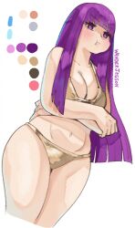 Rule 34 | 1girl, absurdres, alternate costume, bikini, blunt bangs, blunt ends, blush, breasts, cheek bulge, cleavage, crossed arms, fern (sousou no frieren), gold bikini, golden week, highres, hime cut, large breasts, long hair, navel, pout, puffy cheeks, purple eyes, purple hair, solo, sousou no frieren, straight hair, swimsuit, v-shaped eyebrows, wanderjegson