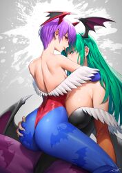 2025 2girls absurdres animal_print ass backless_leotard bare_shoulders bat_print bat_wings black_leotard blue_pantyhose breasts closed_mouth commentary darkstalkers demon_girl english_commentary feather-trimmed_leotard grabbing_another&#039;s_ass green_eyes green_hair grey_background groping head_wings hichi highleg highleg_leotard highres large_breasts leotard lilith_(darkstalkers) long_hair looking_at_viewer low_wings median_furrow morrigan_aensland multiple_girls off-shoulder_leotard pantyhose print_pantyhose profile purple_hair purple_pantyhose red_eyes red_leotard short_hair shoulder_blades sideways_glance signature sitting sitting_on_person smile thong_leotard two-tone_background very_long_hair white_background wings yuri