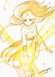 1girl artist_name bare_shoulders blonde_hair bracer breasts dated dirty dirty_face dress feet_out_of_frame green_eyes highres jewelry long_dress long_hair looking_at_viewer magic medium_breasts mouyi necklace nintendo outstretched_hand parted_bangs pointy_ears princess_zelda sketch solo strapless strapless_dress the_legend_of_zelda the_legend_of_zelda:_breath_of_the_wild white_background white_dress