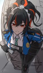 Rule 34 | 1girl, absurdres, blue jacket, breasts, gloves, hairband, highres, jacket, large breasts, leaning forward, long hair, long sleeves, looking at viewer, metal hairband, multicolored hair, pants, police, police uniform, ponytail, shiroshisu, smile, solo, streaked hair, tight clothes, tight pants, zenless zone zero, zhu yuan