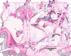 1girl animal_ear_fluff animal_ears blush bug butterfly cat_ears cat_tail chest_tattoo chibi chibi_inset choker couch detached_sleeves eyelashes fingernails fork frilled_choker frilled_skirt frills hair_between_eyes heart hello7692 highres insect long_hair looking_at_viewer midriff multicolored_hair multiple_views nail_polish original pink_butterfly pink_eyes pink_hair pink_nails pink_skirt pink_tail pink_theme plate see-through_clothes see-through_sleeves sidelocks skirt streaked_hair table tail tattoo tongue tongue_out very_long_hair