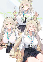 1girl blue_archive blush breasts collared_shirt cotton_swab etoile green_eyes grey_skirt hair_bun halo hands_up highres holding_cotton_swab holding_mimikaki id_card jacket lanyard large_breasts long_hair mimikaki multiple_views no_gloves nonomi_(blue_archive) off_shoulder open_clothes open_jacket open_mouth plaid_clothes plaid_skirt pleated_skirt see-through_clothes see-through_shirt shirt single_hair_bun single_side_bun skirt smile swept_bangs white_shirt