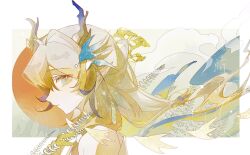 Rule 34 | 1girl, arknights, bare shoulders, blonde hair, blue eyes, blue hair, chinese commentary, closed mouth, commentary request, dragon girl, dragon horns, earrings, floating hair, grey hair, hair ornament, highres, horns, jewelry, light particles, long hair, looking at viewer, mie dan guan bing, multicolored hair, pointy ears, portrait, profile, purple hair, red sun, sample watermark, shu (arknights), sideways glance, solo, watermark
