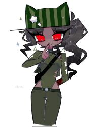 1018sus 1girl animal_ears arm_behind_back bag belt black_bag black_hair blood blood_on_clothes breasts cat_ears closed_mouth clothing_cutout commentary_request corrupted_twitter_file cropped_legs cross cross_necklace dark-skinned_female dark_skin detached_sleeves eyelashes fewer_digits finger_to_mouth gradient_hair green_belt green_hat green_leotard grey_hair hat hat_ornament heattech_leotard highres index_finger_raised jewelry korean_commentary korean_text leotard long_hair long_sleeves looking_at_viewer medium_breasts multicolored_hair necklace parted_bangs player_character_(roblox) red_eyes roblox shoulder_bag side_cutout side_ponytail sidelocks simple_background sleeves_past_wrists slit_pupils smile solo sparkle standing star_(symbol) star_hat_ornament star_print striped_clothes striped_headwear thigh_gap translation_request triangle turtleneck white_background