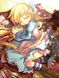 1girl alice&#039;s_adventures_in_wonderland alice_(alice_in_wonderland) apple apron basket bloom bloomers blue_bow blue_dress blue_socks book bow brown_shoes bug closed_eyes closed_mouth crayon dress food frilled_bloomers frilled_dress frills fruit grasshopper holding holding_book insect mao_xiaozha_(rumiechen) mole mole_under_eye outdoors paper picnic_blanket shadow shoes sleeping smile socks solo striped_clothes striped_socks two-tone_socks underwear white_apron white_bloomers white_socks