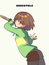 1girl ass black_pantyhose bob_cut breasts brown_shorts chara_(undertale) commentary_request copyright_request cowboy_shot double-parted_bangs from_behind genderswap genderswap_(otf) gold_necklace green_shirt hair_between_eyes hand_up heart heart_necklace holding holding_knife jewelry knife leaning_forward long_sleeves looking_at_viewer looking_back necklace oshiruko_(tsume) pantyhose parted_lips red_eyes reverse_grip shirt short_hair short_shorts shorts sideways_glance simple_background small_breasts solo standing striped_clothes striped_shirt two-tone_shirt undertale white_background yellow_shirt