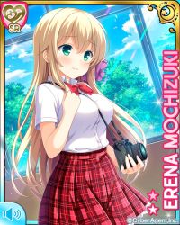 1girl blonde_hair blush bow bowtie braid breasts camera card_(medium) closed_mouth cyberagent day female_focus frilled_skirt frills girlfriend_(kari) green_eyes hair_ribbon hallway indoors large_breasts long_hair miniskirt mochizuki_erena official_art plaid_clothes plaid_skirt pleated_skirt qp:flapper red_bow red_skirt ribbon school_uniform shirt skirt standing tagme unsure white_shirt