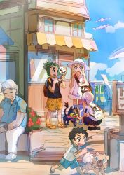 1girl 4boys animal animal_on_shoulder bag black_hair black_shirt blonde_hair blue_sky boardwalk brown_shorts cloud creatures_(company) dark-skinned_male dark_skin day dog dress duffel_bag elio_(pokemon) flip-flops game_freak geetgeet gen_3_pokemon gen_7_pokemon gentleman_(pokemon) hat hau_(pokemon) lillie_(pokemon) litten multiple_boys nintendo orange_shorts outdoors pokemon pokemon_(creature) pokemon_sm rockruff rowlet running sandals shirt shorts sitting sky smile squatting sun_hat t-shirt white_dress white_hair white_hat wingull youngster_(pokemon)