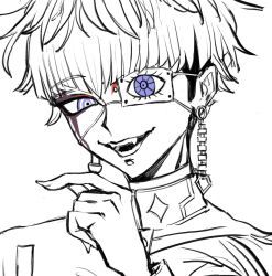 1boy blue_eyes bridge_piercing earrings eyepatch face_piercing fingernails hair_between_eyes hand_up highres jewelry limited_palette lip_piercing looking_at_viewer male_focus omokage_yugamu one_eye_covered open_mouth piercing portrait simple_background solo solo_focus the_hundred_line_-last_defense_academy- upper_body white_background