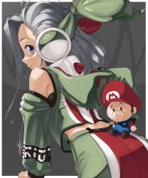 1girl absurdres ahoge baby_mario blue_eyes bow detached_sleeves eriott eyelashes fingerless_gloves from_behind gloves grey_hair hair_bow hair_pulled_back headset highres hood hood_down jacket long_sleeves looking_at_viewer looking_back mario mario_(series) nintendo parted_lips personification profile shiny_clothes short_hair shorts smile solo stuffed_toy super_mario_world_2:_yoshi&#039;s_island yoshi
