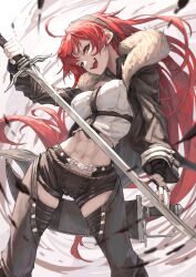 1girl :d abs absurdres aged_up ahoge belt black_hairband black_jacket breasts brown_belt brown_shorts commentary contrapposto cowboy_shot crop_top endroll00 eris_greyrat floating_hair fur-trimmed_jacket fur_trim glint hair_between_eyes hairband hand_wraps highres holding holding_sword holding_weapon jacket large_breasts leg_warmers long_hair long_sleeves looking_at_viewer midriff mushoku_tensei navel open_clothes open_jacket open_mouth red_eyes red_hair sheath sheathed shirt short_shorts shorts sidelocks skindentation smile solo standing sword teeth thick_eyebrows upper_teeth_only very_long_hair weapon white_background white_shirt