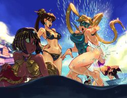 Rule 34 | 5girls, alex ahad, ass, bikini, black hair, blonde hair, breasts, brown hair, capcom, chun-li, cleavage, dark skin, earrings, han juri, highres, jewelry, large breasts, lipstick, long hair, makeup, mask, menat, multiple girls, nadeshiko (street fighter), nail polish, navel, one-piece swimsuit, rainbow mika, spanked, spanking, street fighter, sunglasses, swimsuit, twintails, udon entertainment, underboob, very long hair, water, wet, yamato nadeshiko (street fighter)