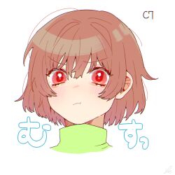 1other :t aegyo_sal blush bob_cut brown_hair chara_(undertale) chromatic_aberration closed_mouth commentary_request cropped_head double-parted_bangs from_below green_sweater hair_between_eyes hatching_(texture) looking_at_viewer other_focus red_eyes se_(hanahide) short_hair simple_background solo sweater tearing_up translation_request turtleneck turtleneck_sweater undertale white_background wide-eyed
