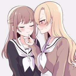 2girls black_serafuku blonde_hair blush brown_hair brown_sweater closed_mouth half-closed_eyes hand_on_another&#039;s_chin highres hiyama_yurina kimura_honoka kuu_(abc823) long_hair long_sleeves looking_at_another multiple_girls neckerchief nervous pink_eyes school_uniform serafuku shoujo_manga_shujinkou_x_rival-san smile sweatdrop sweater trembling twitter_username wavy_mouth white_background white_neckerchief yuri