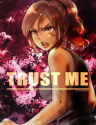 Rule 34 | 1girl, abstract background, arms at sides, bare arms, black background, black shirt, breasts, brown eyes, brown hair, claire redfield, commentary request, dirty, dirty face, english text, female focus, from side, furrowed brow, looking to the side, lower teeth only, medium breasts, nagare, open mouth, pink background, ponytail, resident evil, resident evil 2, resident evil 2 (remake), serious, shirt, short hair, sleeveless, sleeveless shirt, solo, standing, sweat, tank top, teeth, twitter username, upper body, upper teeth only
