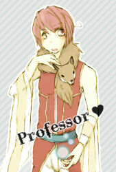 1boy animal animal_around_neck belt blue_background blue_belt character_name commentary_request cowboy_shot detached_sleeves diagonal-striped_background fox heart looking_to_the_side lowres male_focus mimi_(caramel-candy) open_mouth pink_eyes pink_hair professor_(ragnarok_online) ragnarok_online red_shirt shirt short_hair sleeveless sleeveless_shirt solo striped_background striped_sleeves white_sleeves yellow_sleeves