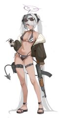 1girl absurdly_long_hair absurdres ak-47 assault_rifle bikini black_bikini black_tail blue_archive breasts dark-skinned_female dark_skin demon_tail dog_tags eyewear_on_head grey_hair gun hair_over_one_eye hair_ribbon halo highres holding holding_gun holding_weapon iori_(blue_archive) iori_(swimsuit)_(blue_archive) jacket kalashnikov_rifle long_hair looking_at_viewer medium_breasts multi-strapped_bikini_bottom navel off_shoulder official_alternate_costume open_clothes open_jacket pointy_ears purple_halo red_eyes revision ribbon rifle sandals simple_background solo sunglasses swimsuit tail thigh_strap twintails very_long_hair weapon white_background zi0807
