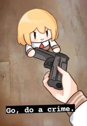 Rule 34 | 2girls, absurdres, blonde hair, blue eyes, brown eyes, commentary, dual persona, english text, giving, go do a crime (meme), gun, hair ornament, handgun, highres, hololive, hololive english, looking ahead, meme, moon ldl, multiple girls, necktie, red necktie, shirt, smile, smol ame, solo focus, v-shaped eyebrows, virtual youtuber, watson amelia, watson amelia (1st costume), weapon, white shirt
