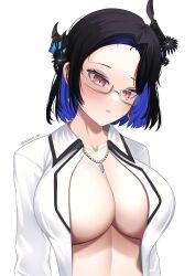 1girl absurdres asymmetrical_horns black_hair blue_hair breasts cleavage collared_shirt colored_inner_hair crystal_horns demon_horns dress_shirt dress_suit flower hair_ornament highres hololive hololive_english horn_flower horns jewelry large_breasts looking_at_viewer mole mole_under_eye multicolored_hair naked_shirt nerissa_ravencroft nerissa_ravencroft_(casual) no_bra office_lady official_alternate_costume official_alternate_hair_length official_alternate_hairstyle open_clothes open_shirt red_eyes shirt solevisionarts solo tassel tassel_hair_ornament two-tone_hair unbuttoned unbuttoned_shirt uneven_horns virtual_youtuber white_shirt