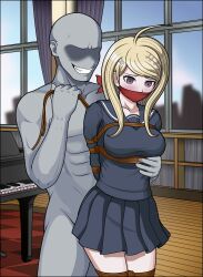 1boy 1girl absurdres ahoge akamatsu_kaede arms_behind_back bdsm black_sailor_collar black_serafuku black_shirt black_skirt blonde_hair bondage bound bound_legs cloth_gag danganronpa:_trigger_happy_havoc danganronpa_(series) faceless faceless_male fortissimo gag grabbing_from_behind grin hair_ornament highres improvised_gag indoors instrument just_some_guy long_hair musical_note musical_note_hair_ornament official_alternate_costume piano purple_eyes rope sailor_collar school_uniform serafuku shibari shirt skirt smile standing tape teeth window