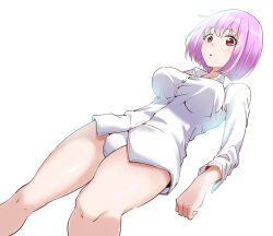 1girl breasts collared_shirt commentary crotch_seam dress_shirt feet_out_of_frame gridman_universe large_breasts looking_at_viewer no_pants panties parted_lips pink_hair red_eyes shinjou_akane shirt short_hair simple_background solo ssss.gridman thighs t~t underwear white_background white_panties white_shirt