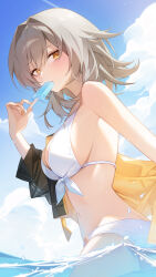 Rule 34 | 1girl, alternate costume, bare shoulders, bikini, black jacket, breasts, brown eyes, cleavage, cloud, commentary, day, food, from side, front-tie bikini top, front-tie top, grey hair, hand up, highres, holding, holding food, holding popsicle, honkai: star rail, honkai (series), jacket, large breasts, long hair, looking at viewer, looking to the side, navel, off shoulder, outdoors, popsicle, s0104y, solo, standing, stelle (honkai: star rail), stomach, swimsuit, trailblazer (honkai: star rail), wading, water, wet, white bikini