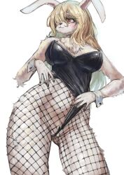 1girl absurdres animal_ears animal_nose black_leotard black_nails black_souls black_souls_2 blonde_hair body_fur cowboy_shot fishnet_pantyhose fishnets furry furry_female hair_over_one_eye highres leotard long_hair mary_(black_souls) navel pantyhose rabbit_ears red_eyes ropeperson simple_background solo white_background white_fur