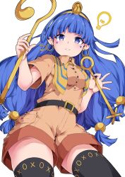 1girl black_thighhighs blue_hair brown_shirt brown_shorts collared_shirt cowboy_shot earrings facial_mark gold gold_headdress gold_headwear highres holding holding_scepter ishimu jewelry key_earrings looking_at_viewer michigami_nareko scepter shirt shorts simple_background solo thighhighs touhou triangle triangle_facial_mark white_background