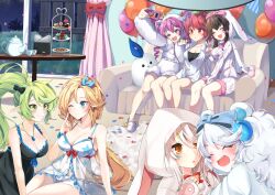 6+girls absurdres aisha_landar alternate_costume animal_ear_hood animal_hood ara_haan babydoll balloon bare_shoulders black_chemise black_hair blonde_hair blue_eyes blue_horns breasts cake cake_slice chemise cleavage closed_eyes collared_shirt cookie couch dessert drill_hair elesis_(elsword) elf elsword eungking_(tog2029) eve_(elsword) fake_animal_ears food grass green_eyes green_hair hairband high_ponytail highres holding holding_phone hood horns indoors long_hair long_sleeves loungewear luciela_r._sourcream muffin multiple_girls night nightgown on_couch one_eye_closed open_mouth orange_eyes pajamas phone pointy_ears ponytail purple_eyes purple_hair rabbit_hood red_eyes red_hair rena_erindel rose_(elsword) shirt shorts sleeveless striped_clothes striped_pajamas teapot tiered_tray twin_drills v vertical-striped_clothes vertical-striped_pajamas white_babydoll white_hair white_hairband white_pajamas white_shirt white_shorts