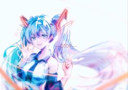 1girl bare_shoulders black_necktie black_sleeves blue_eyes blue_hair breasts collared_shirt detached_sleeves elicooc grey_shirt hair_between_eyes hair_ornament hatsune_miku long_hair looking_at_viewer medium_breasts miku_day necktie ok_sign parted_lips shirt shoulder_tattoo sleeveless sleeveless_shirt smile solo tattoo translation_request twintails upper_body vocaloid white_background
